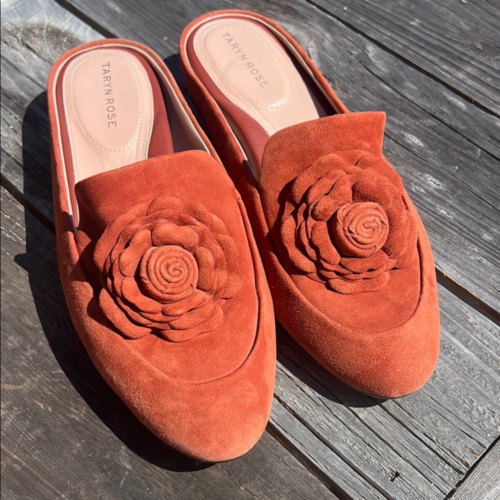 Taryn Rose Size 9 Burnt Orange Suede Mules with Floral Design